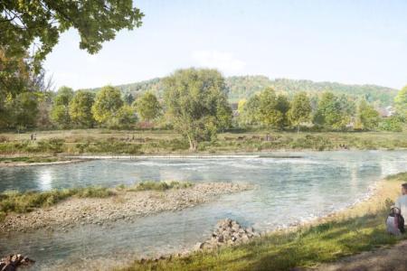 Visualisierung der revitalisierten Limmat. Am relativ flachen Ufer sitzen zwei Personen im Gras und blicken auf die Limmat.  Im Fluss hat sich eine Kiesinsel gebildet, auf welcher etwas Gras wächst. Am gegenüber liegenden Ufer ist die Lärmschutzwand vor der Autobahn hinter den neuen Bäumen und Büschen kaum mehr sichtbar.