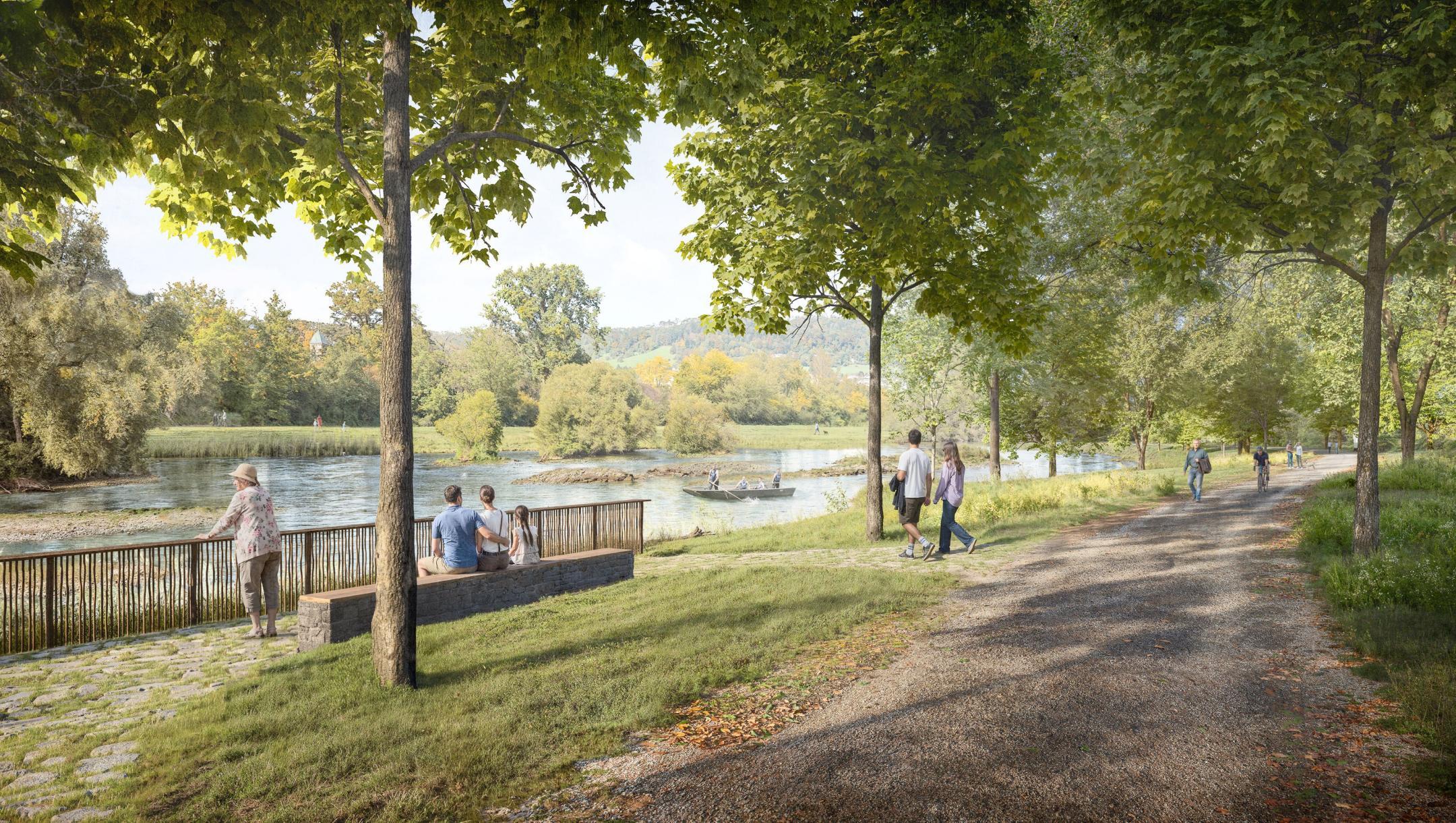 Die Visualisierung der revitalisierten Limmat zeigt den Blick vom linken Limmat-Ufer Richtung Kloster Fahr. Im Fluss befinden sich Inseln mit Bäumen und mehrere Kiesbänke, auf denen wenig Gras wächst. Am anderen Ufer spazieren hinter einer Pfeifengraswiese Menschen. Der Fuss- und Veloweg auf der linken Flussseite ist gesäumt von Bäumen und am Ufer befindet sich eine Sitzgelegenheit mit Blick auf den Fluss. Auf dem Weg befinden sich Menschen unterwegs im Schatten der Bäume. 
