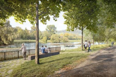 Die Visualisierung der revitalisierten Limmat zeigt den Blick vom linken Limmat-Ufer Richtung Kloster Fahr. Im Fluss befinden sich Inseln mit Bäumen und mehrere Kiesbänke, auf denen wenig Gras wächst. Am anderen Ufer spazieren hinter einer Pfeifengraswiese Menschen. Der Fuss- und Veloweg auf der linken Flussseite ist gesäumt von Bäumen und am Ufer befindet sich eine Sitzgelegenheit mit Blick auf den Fluss. Auf dem Weg befinden sich Menschen unterwegs im Schatten der Bäume. 