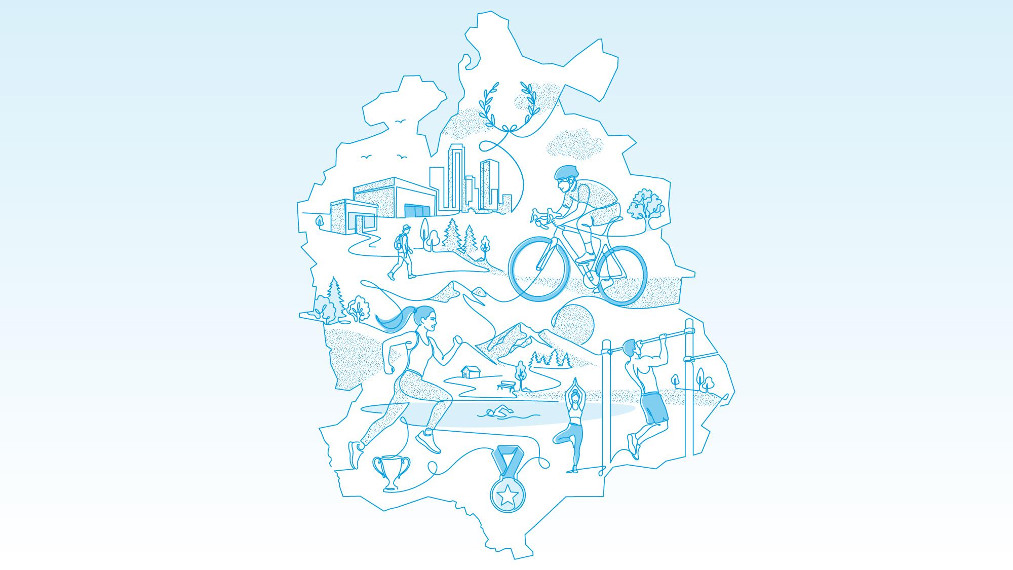 Illustration innerhalb des geografischen Umrisses des Kantons Zürich: Verschiedene Personen treiben Sport. Darunter ein Mann, der Velo fährt, eine Frau, die joggt, ein Mann, der wandert, eine Frau, die eine Yoga-Position übt oder ein Mann, der Klimmzüge ausführt. 