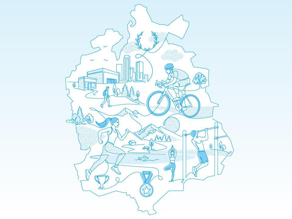 Illustration innerhalb des geografischen Umrisses des Kantons Zürich: Verschiedene Personen treiben Sport. Darunter ein Mann, der Velo fährt, eine Frau, die joggt, ein Mann, der wandert, eine Frau, die eine Yoga-Position übt oder ein Mann, der Klimmzüge ausführt. 