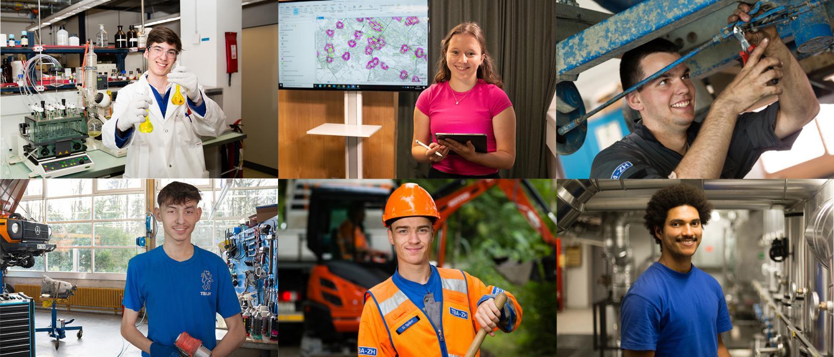 Collage mit 6 Lehrberufen: Junge im Labor, Mädchen vor einer digitalen Karte, Junge schraubt an Landmaschine, Junge in Werkstatt, Junge im Strassenunterhalt, Junge vor Heizungsrohren
