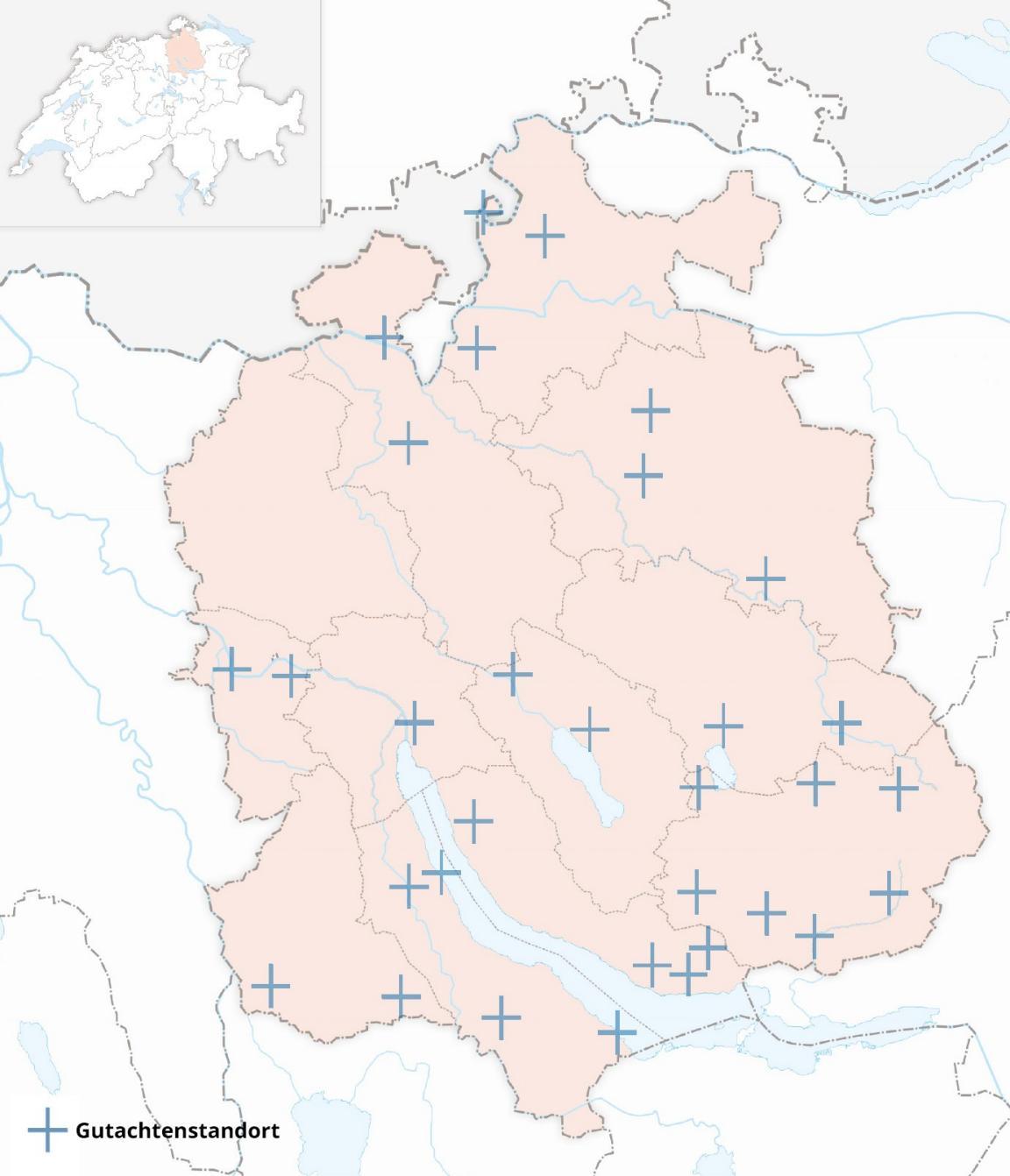 Karte der Standorte der Vorhaben der Natur- und Heimatschutzkommission im Kanton Zürich.