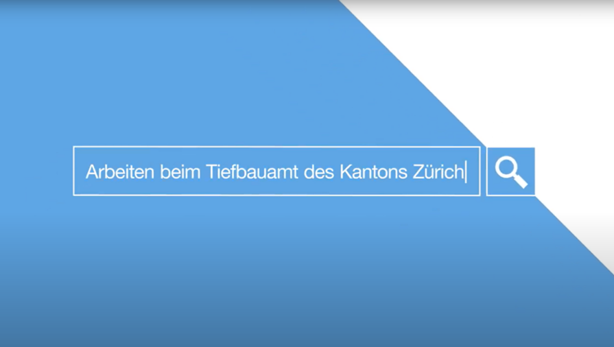 Standbild des Videos «Das Tiefbauamt stellt sich vor» mit weisser Schrift vor blauem Hintergrund: «Was macht das Tiefbauamt des Kantons Zürich?»