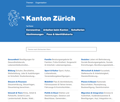 Ein Screenshot welche die Startseite der neuen kantonalen Website zh.ch zeigt.