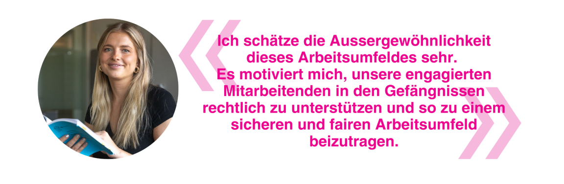  Jennifer, juristische Auditorin im HR, schätzt das besondere Arbeitsumfeld. Sie ist motiviert, Mitarbeitende in Gefängnissen rechtlich zu unterstützen und Fairness zu fördern.
