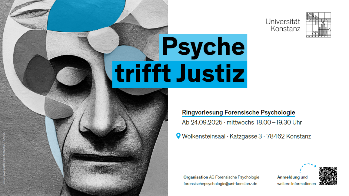 Abstrakte Kunst eines menschlichen Schädels mit den Informationen zur Ringvorlesung Psyche trifft Justiz.