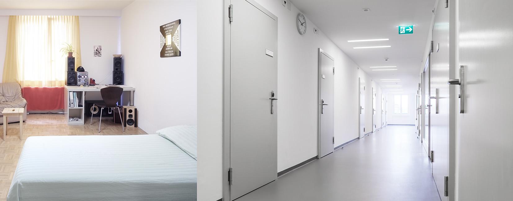 Zellentüren und Innenansicht einer Zelle mit Bett, Tisch und Stereoanlage.