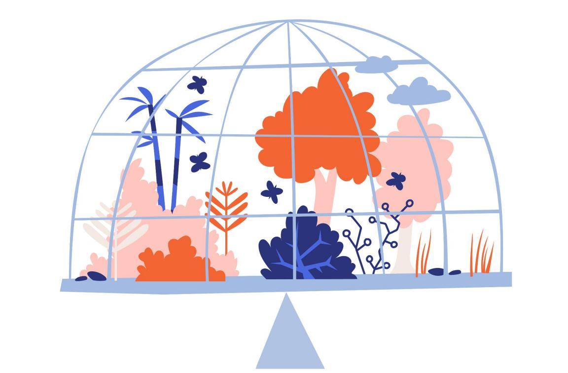 Ein Ökosystem mit Pﬂanzen und Bäumen unter einer Kuppel balanciert auf einem Dreieck.