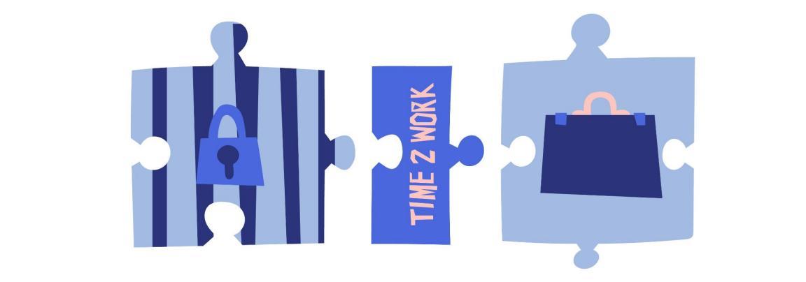 Puzzleteil mit Schriftzug time2work steht zwischen zwei Puzzleteilen, welche eine abgeschlossene Zelle und einen Aktenkoffer zeigen.