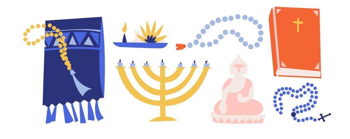 Bibel, Chanukkia, Buddha-Statue, Gebetskette, Gebetslampe, und Gebetsteppich.