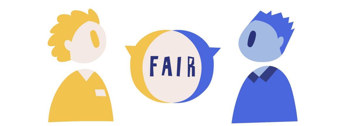 Zwei Personen sind verbunden durch eine gemeinsame Sprechblase mit dem Schriftzug «Fair».