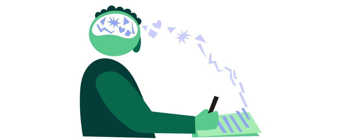 Eine Person schreibt auf ein Blatt Papier, die Inhalte kommen direkt aus dem Kopf aufs Papier.