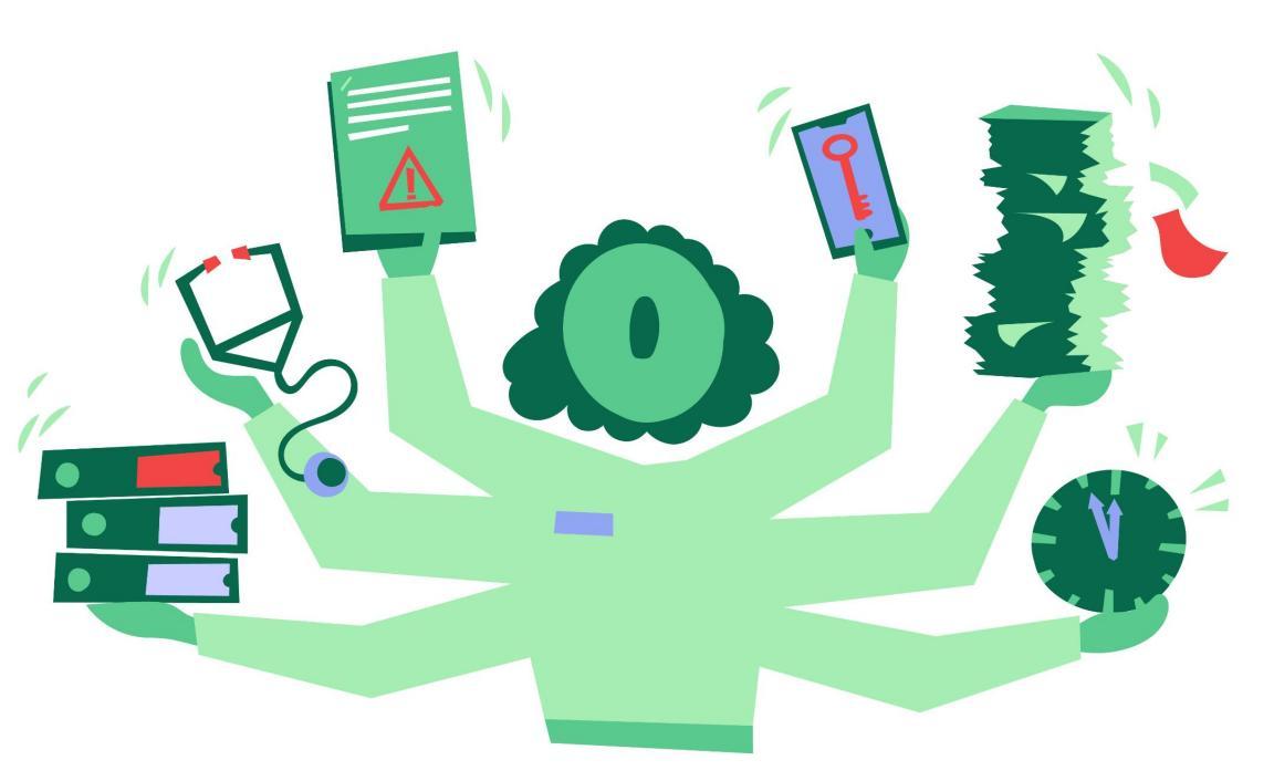 Eine Frau mit sechs Armen, welche Ordner, Stethoskop, Dokumente, Smartphone, Bücher und Uhr gleichzeitig halten.