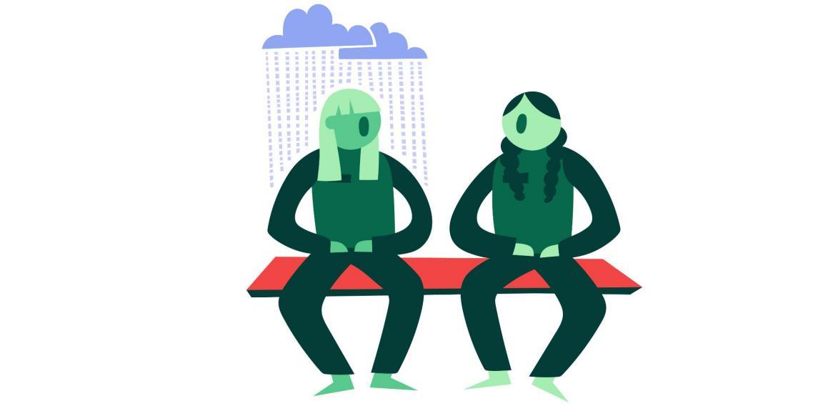 Zwei Personen sitzen auf einer Bank, über einer Person schwebt eine Regenwolke.