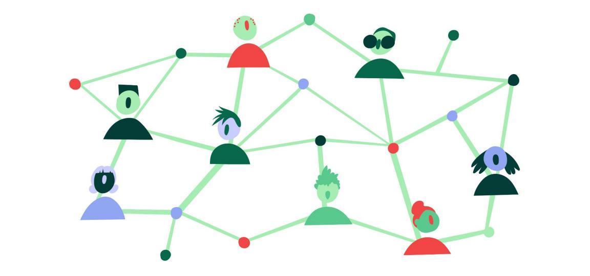 Mehrere Menschen sind über Linien miteinander in einem Netz verbunden.