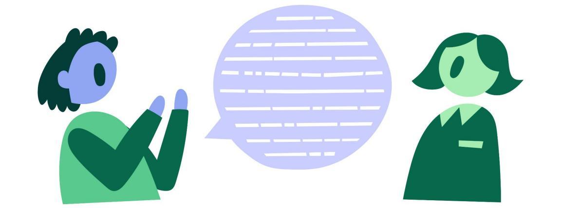 Eine Person erzählt, dargestellt mit Sprechblase, eine andere Person hört zu.