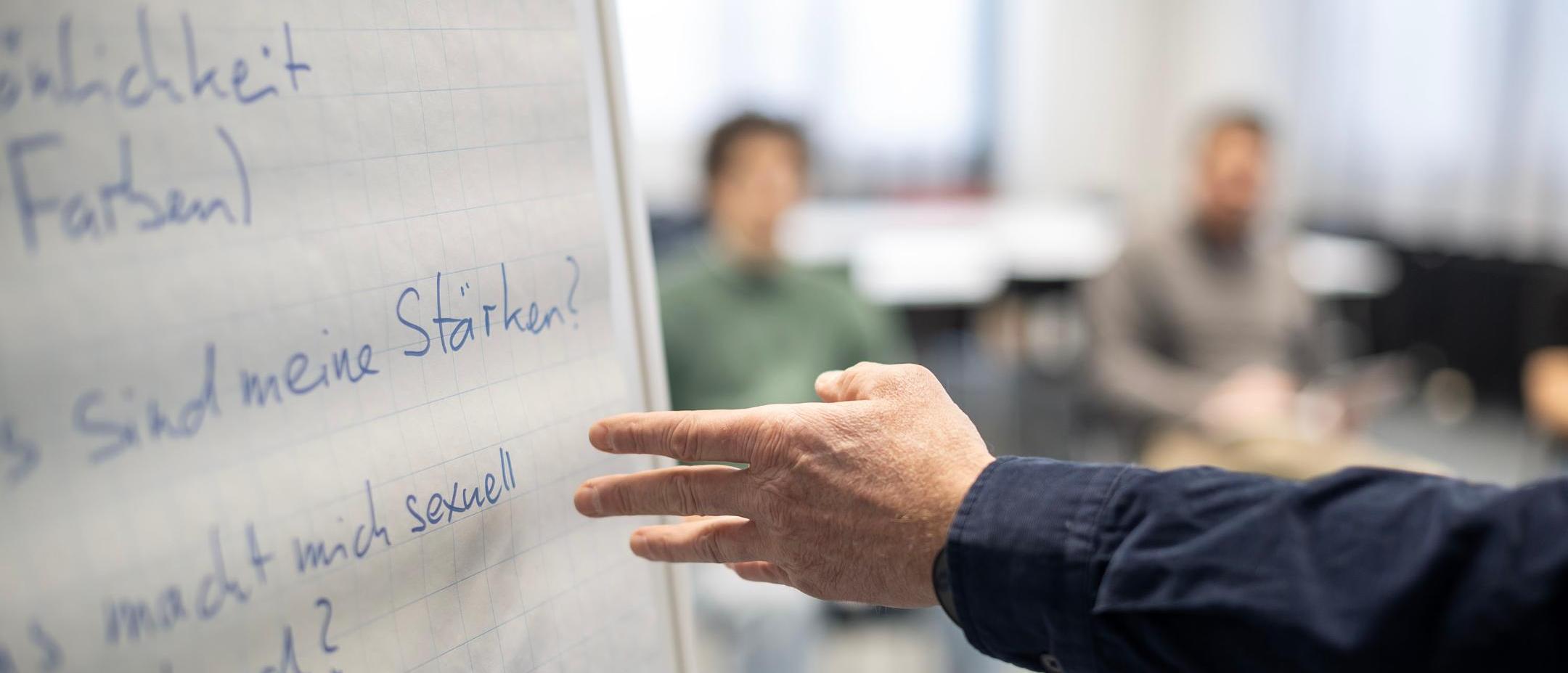 Die Hand des Lernprogrammleiters zeigt auf das Wort «sexuell», das auf dem Flipchart geschrieben steht.
