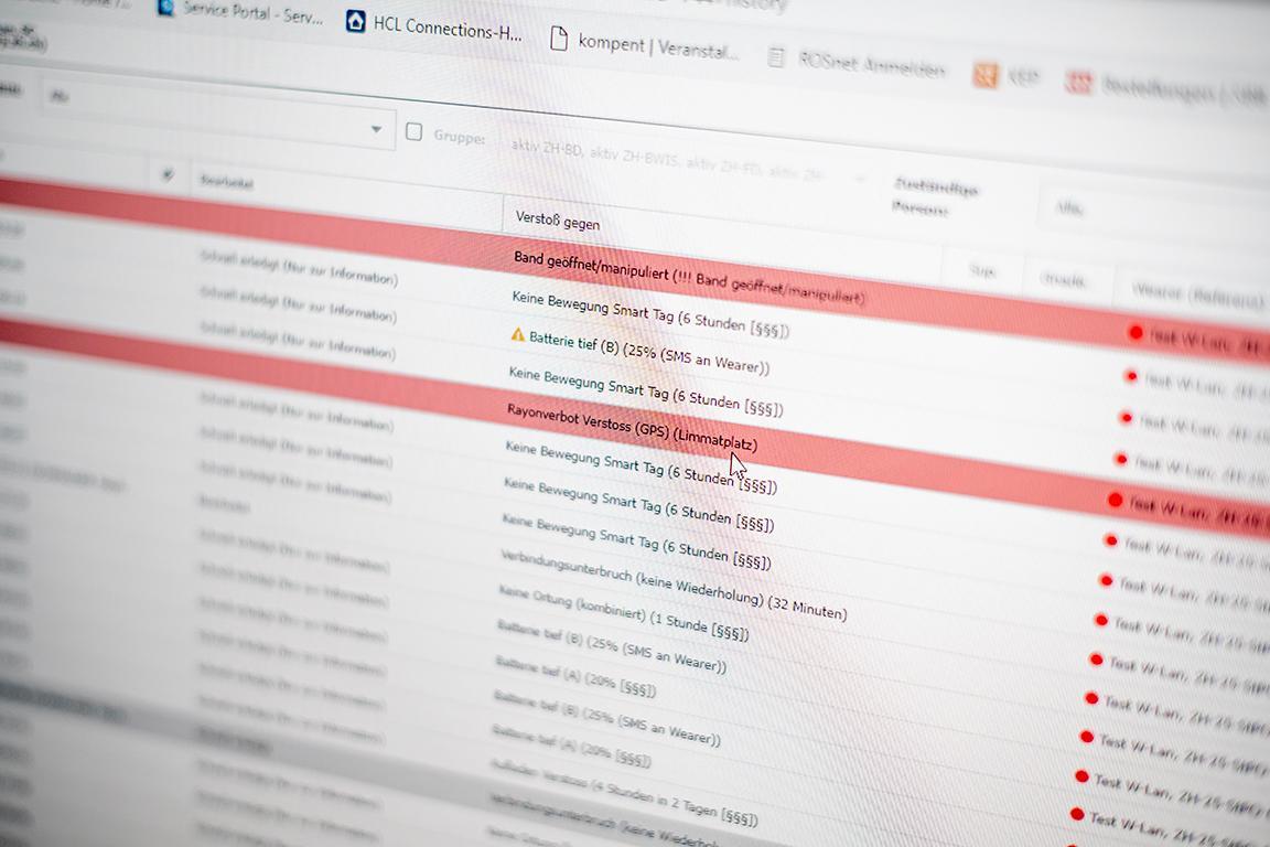 Auf dem Comupterbildschirm ist eine Liste mit Regelverstössen zu sehen, eine davon sind rot markiert.
