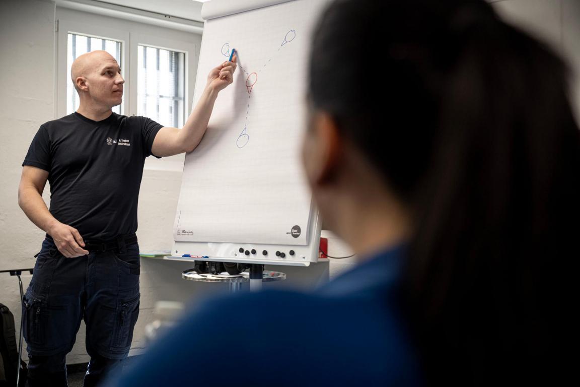 Ein Mann in schwarzer Kleidung steht vor einem Flipchart und erklärt eine Grafik mit Kreisen.