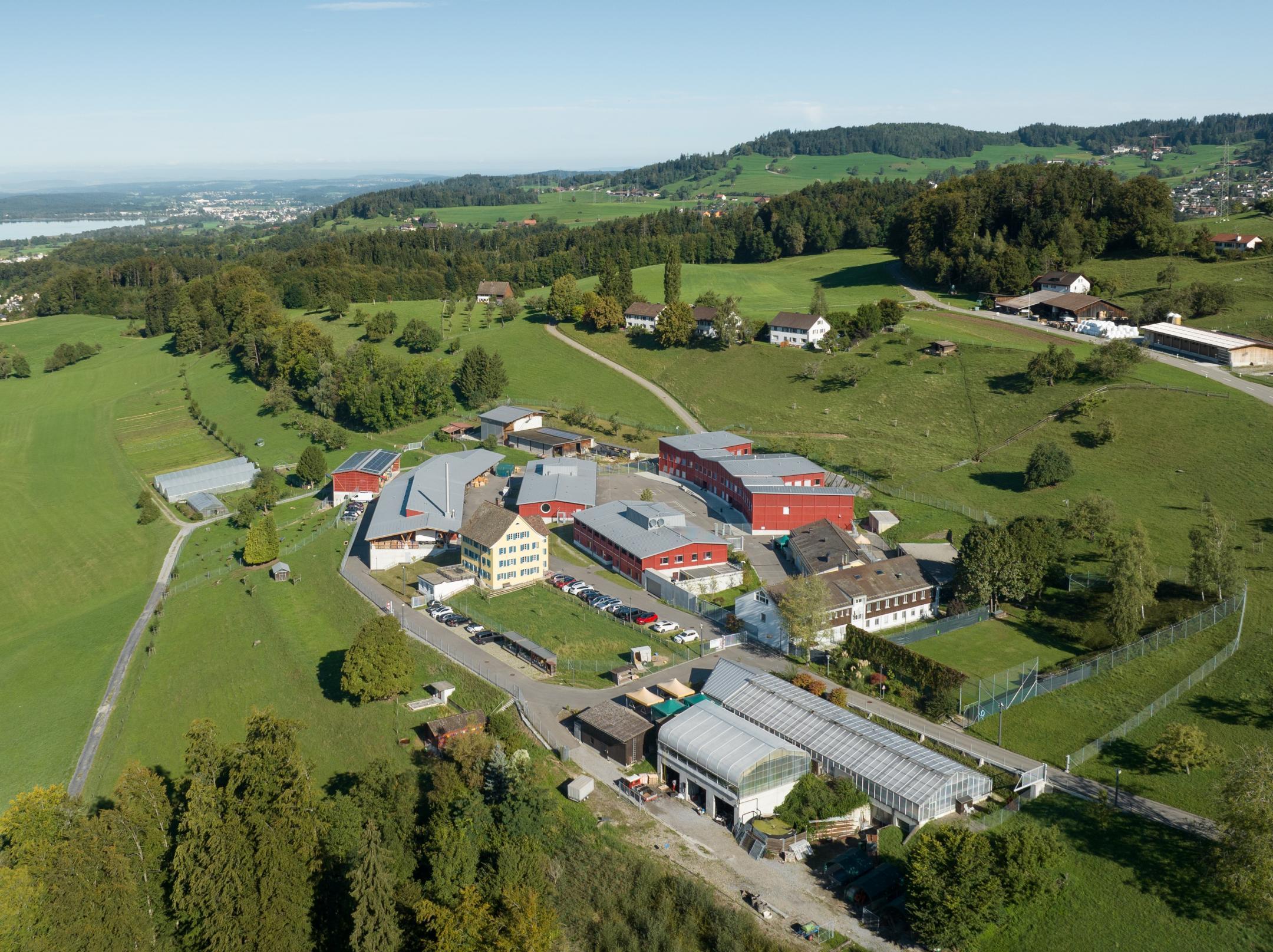 Luftaufnahme des Vollzugszentrums Bachtel. Man sieht die Felder, das Gewächshaus und die verschiedenen Verwaltungs- und Wohngebäude.