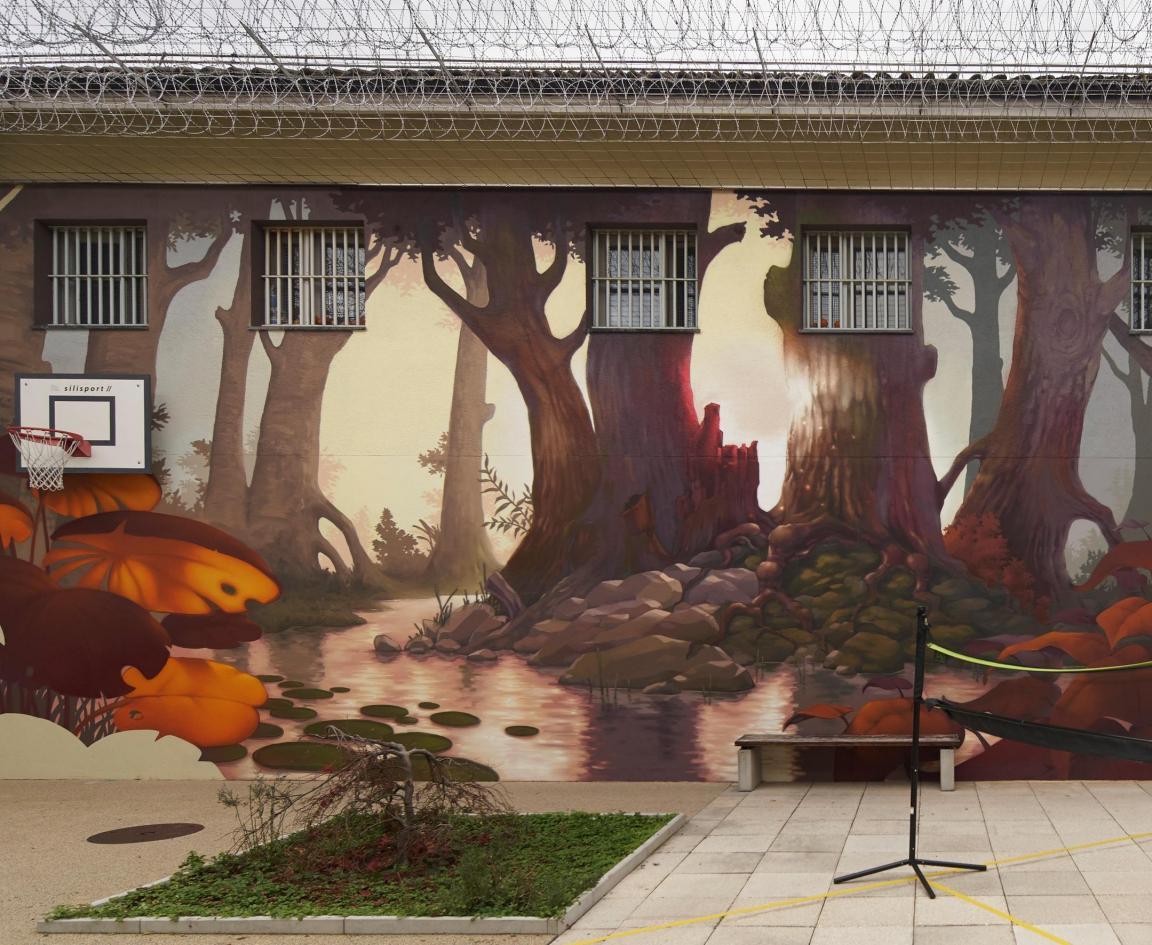 Auf dem Bild zu sehen ist ein Spazierhof mit Wandgraffiti, Basketballkorb und Volleyballnetz.