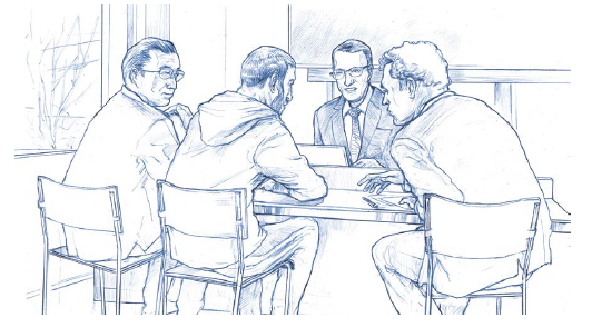 Illustration einer fiktiven Einvernahme. Vier Männer sitzen an einem Tisch und besprechen sich.