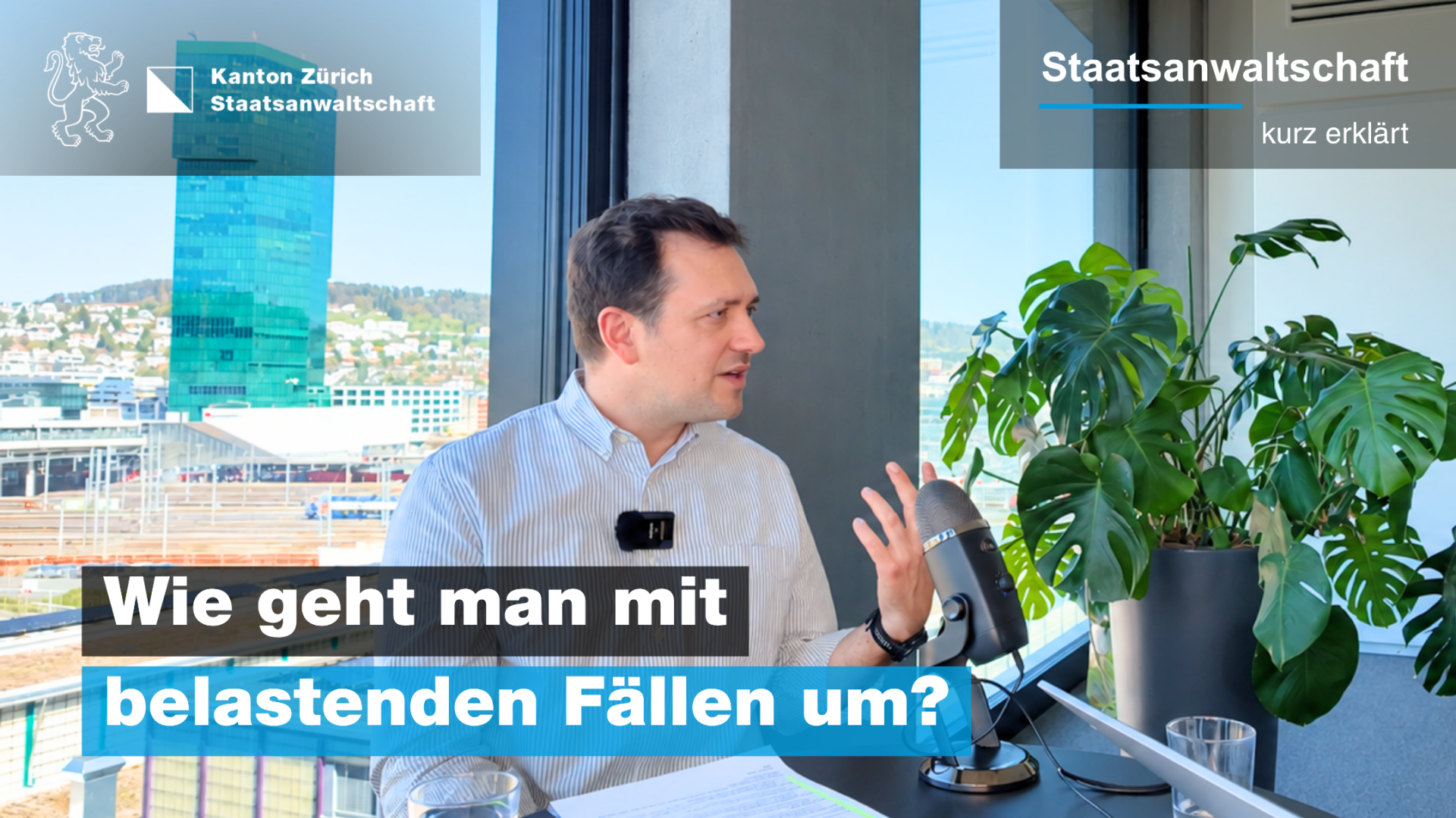 Staatsanwalt im Gespräch vor einem Fenster mit Blick über Zürich.