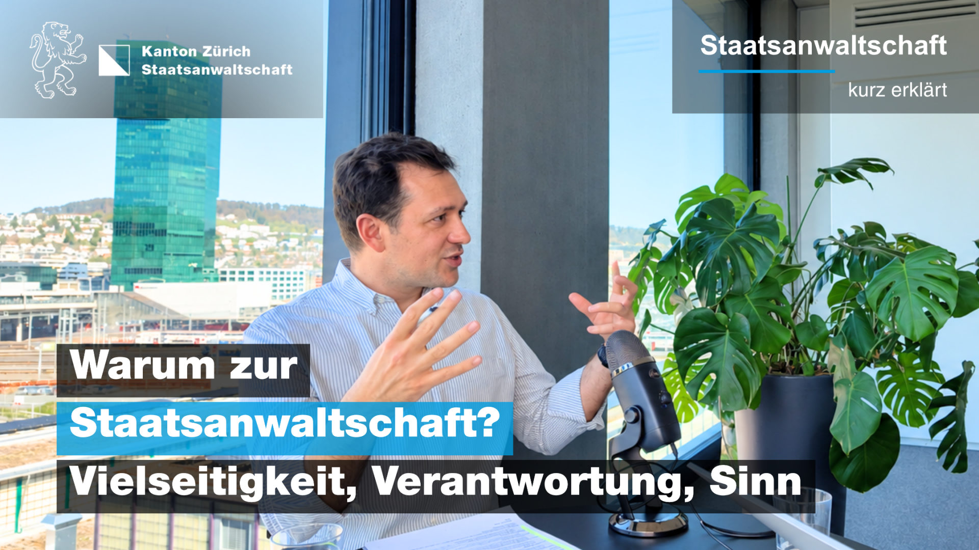 Staatsanwalt im Gespräch vor einem Fenster mit Blick über Zürich.
