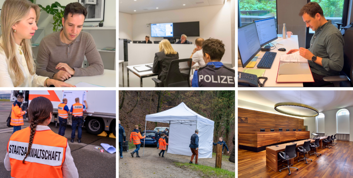 Collage mit Besprechung, Einvernahme, Aktenarbeit, zwei Einsätzen vor Ort und einem Gerichtssaal.