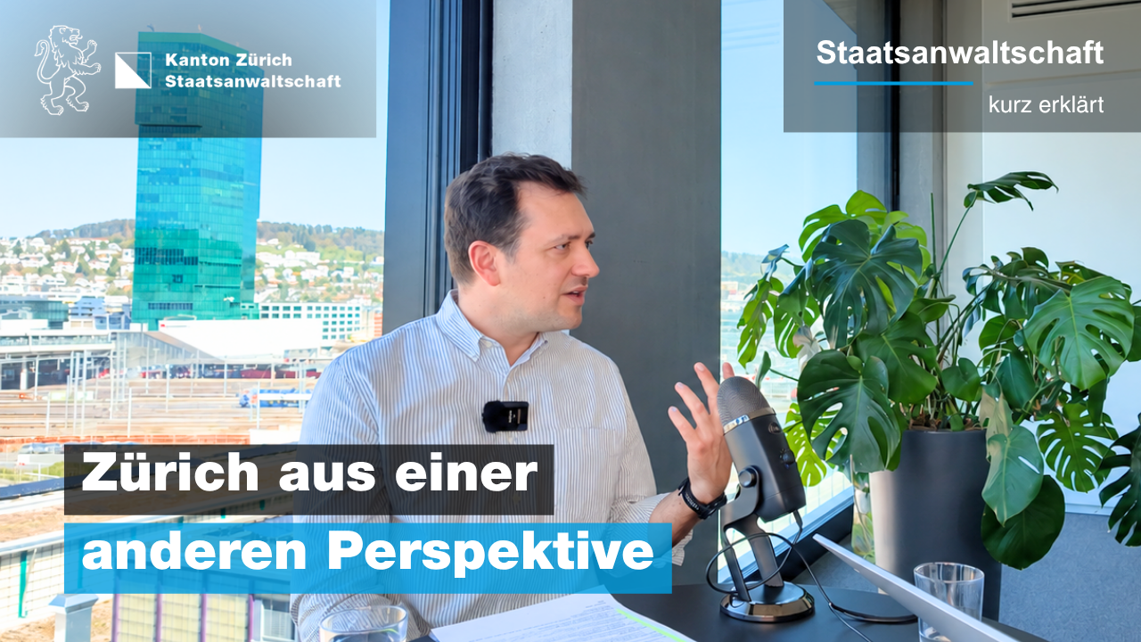 Staatsanwalt im Gespräch vor einem Fenster mit Blick über Zürich.