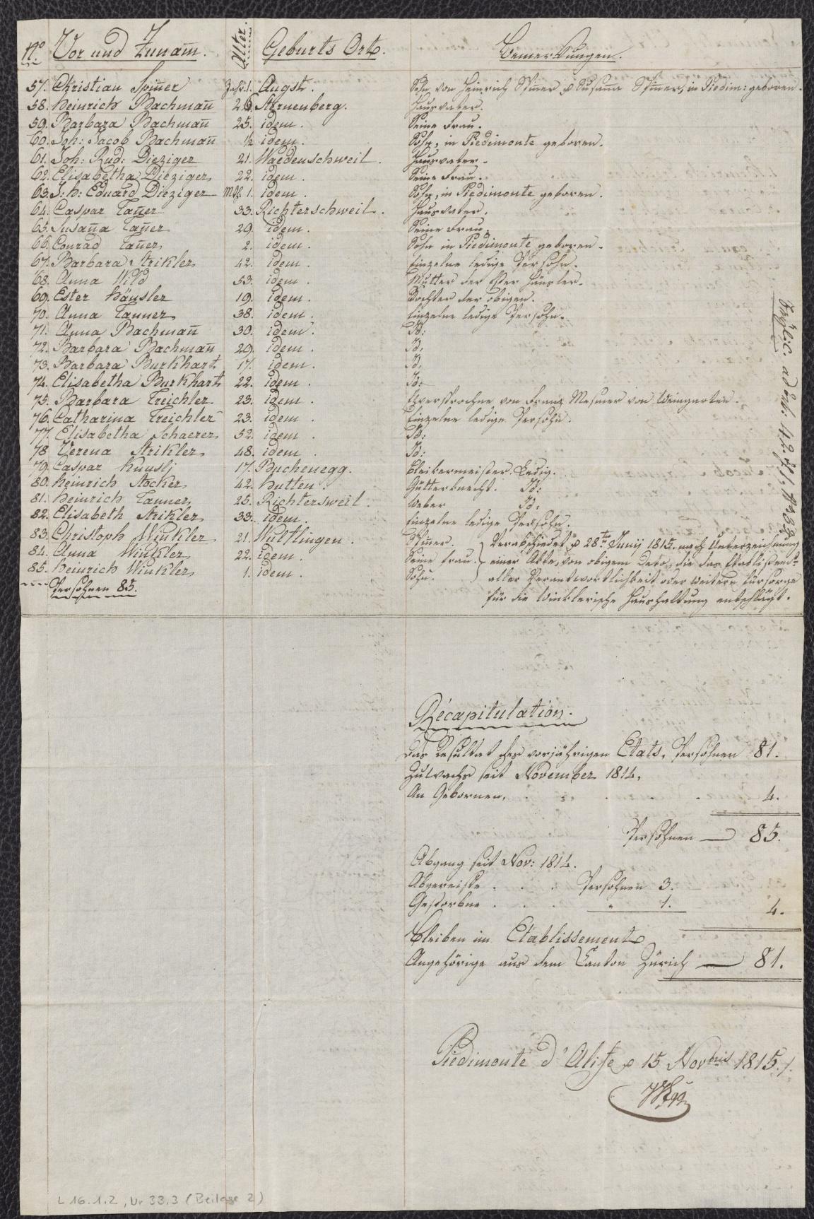 Tabellarische Auflistung der Arbeitskräfte mit Angaben zu Namen, Alter, Geburtsort und Bemerkungen sowie Zusammenfassung der Gesamtzahlen