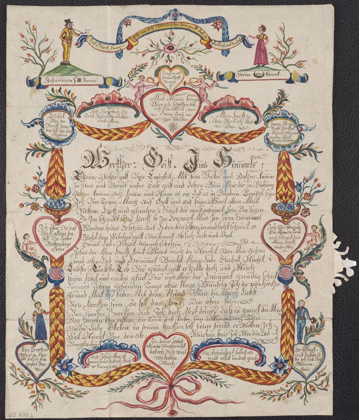 Mit Herzen, Girlanden und weiteren Bildelementen reich geschmückter Text des Eheversprechens