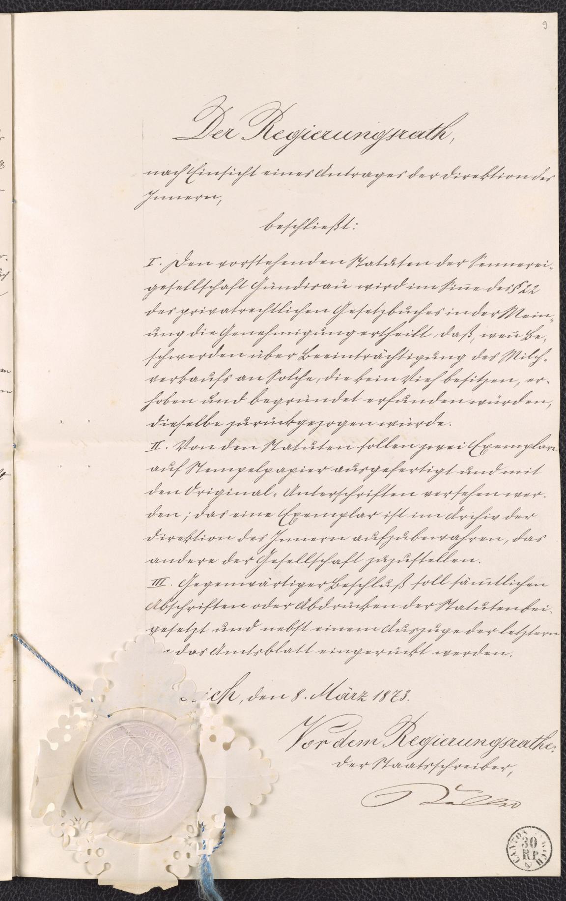 Handschriftlicher Text, am unteren Ende der Seite in Papier eingeprägtes Staatssiegel und blauweisse Schnur, unten rechts Stempel «30 Rappen»