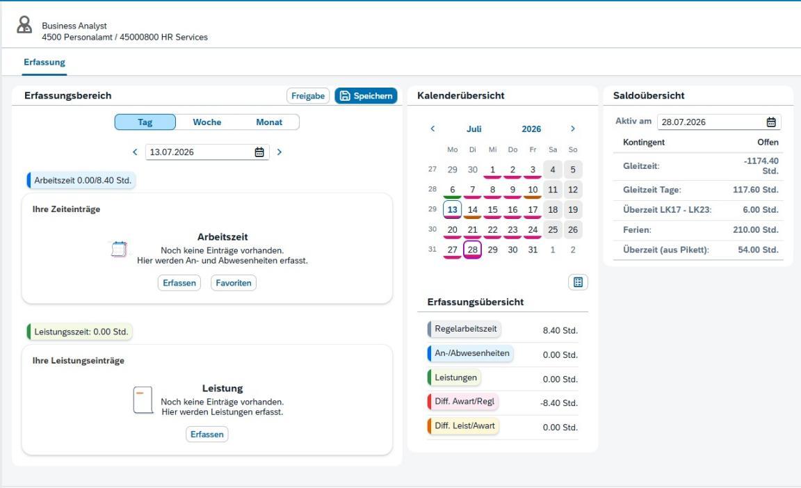 Screenshot Benutzeroberfläche Anwendung für Zeit- und Leistungserfassung