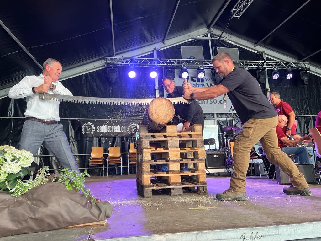 Regierungspräsident Ernst Stocker sägt einen Stamm durch