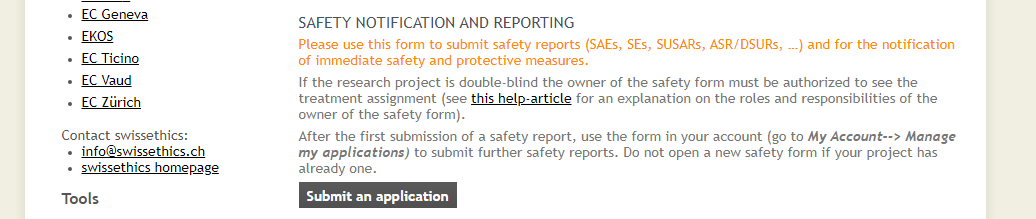 BASEC Screen shot zeigt die Auswahl für die Safety form.