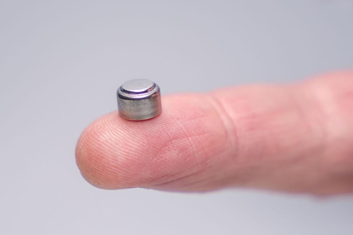 Das Foto zeigt eine winzig kleine Knopfzellenbatterie. 