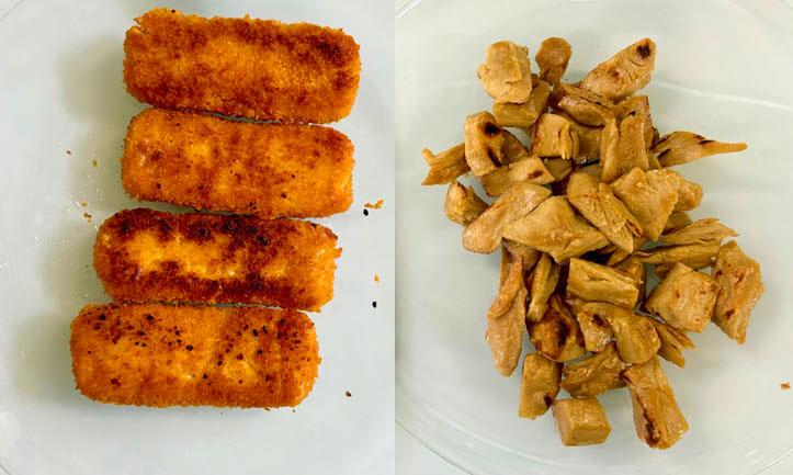 Das Foto zeigt zwei Ersatzprodukte: vegetarische Fischstäbchen und Geschnetzeltes aus pflanzlichen Proteinen.