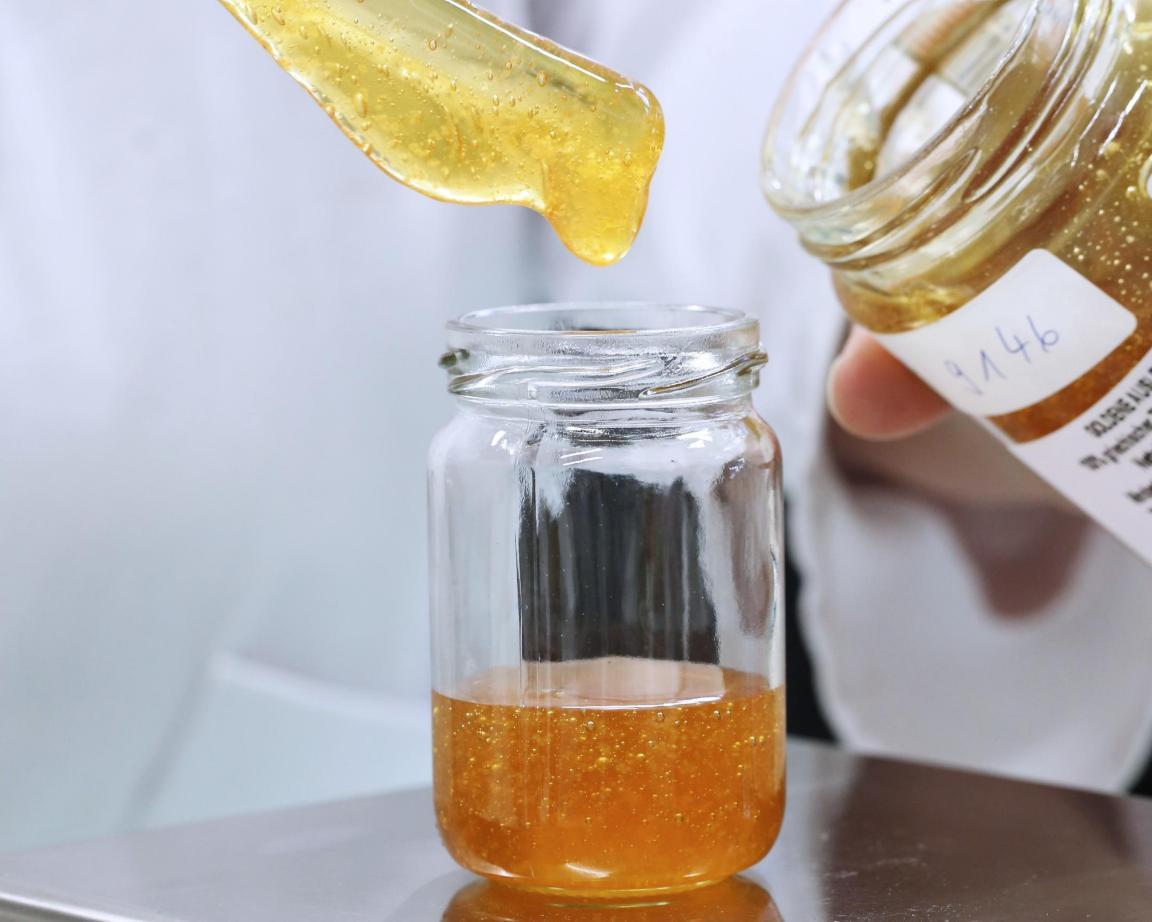 Das Foto zeigt eine Laborantin, die eine Honigprobe für die anschliessende Untersuchung im Labor vorbereitet.