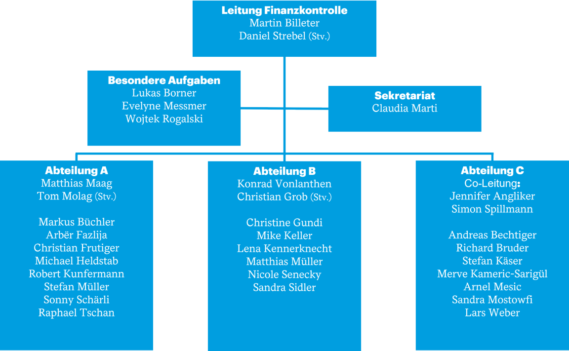 Die Mitarbeitenden sind in drei nach Prüfungsschwerpunkten gegliederte Abteilungen organisiert. Mitarbeitende mit besonderen Aufgaben sind der Leitung direkt unterstellt.