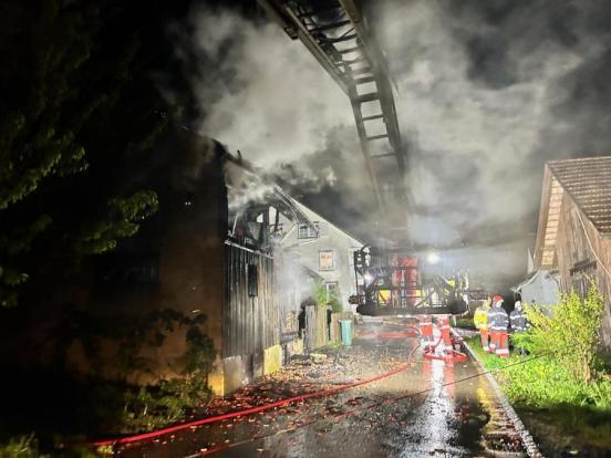 Feuerwehrleute vor einem rauchenden Schopf