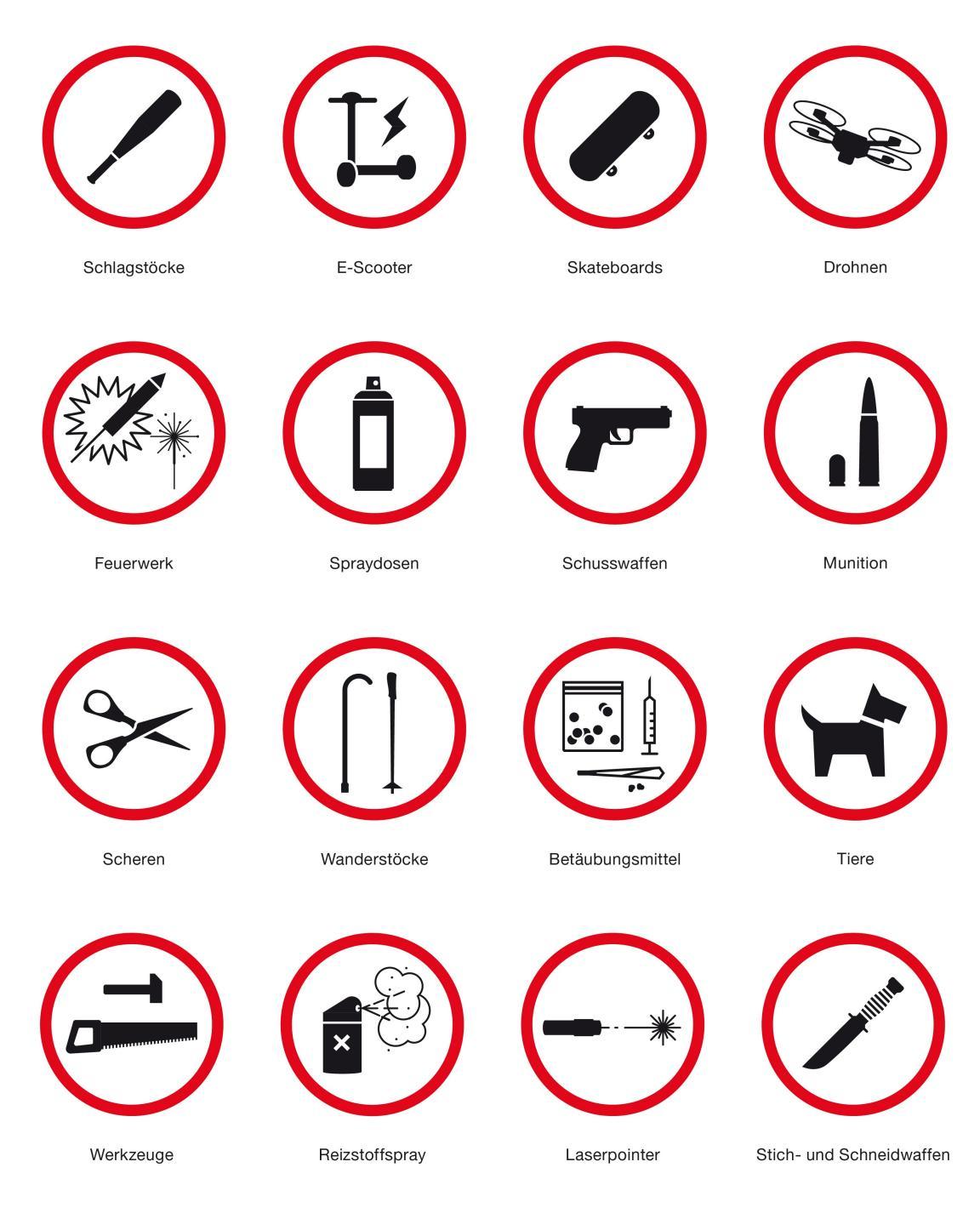 Gegenstände, welche nicht ins PJZ mitgenommen werden dürfen, sind: Schlagstöcke, E-Scooter, Skateboards, Drohnen, Feuerwerk, Spraydosen, Schusswaffen, Munition, Scheren, Wanderstöcke, Betäubungsmittel, Tiere, Werkzeuge, Reizstoffspray, Laserpointer sowie Stich- und Schneidwaffen.