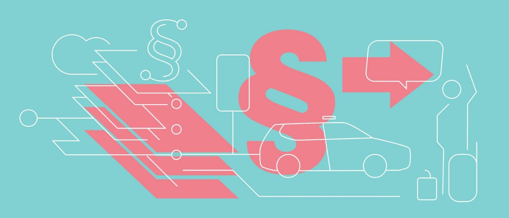 Darstellung mit einem Auto, einer Sprechblase und stilisierten elektronischen Verbindungen vor türkisfarbenem Hintergrund.