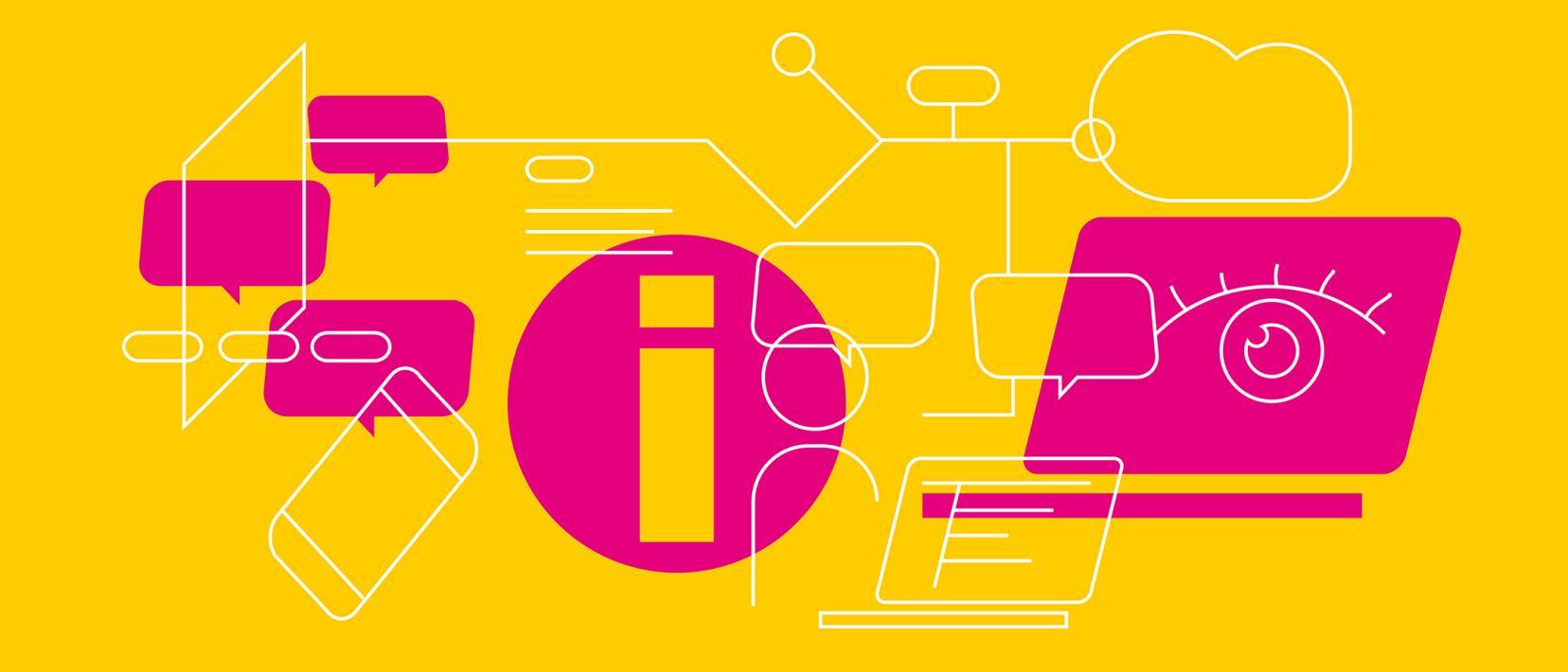 Darstellung mit einem Informationszeichen, einem Auge und stilisierten computertechnischen Verbindungen vor gelbem Hintergrund.