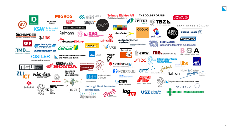 Logos von über 100 Schweizer Unternehmen und Bildungseinrichtungen, darunter Migros, UBS, Post, Swisscom, Migros, die ein breites Spektrum an Branchen repräsentieren.