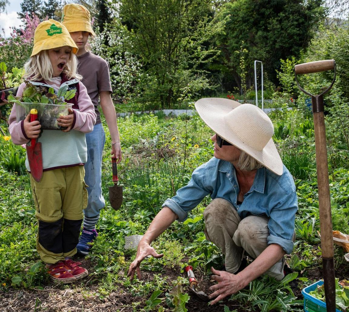 zwei Kinder und eine erwachsene Person im Beet bei der Gartenarbeit
