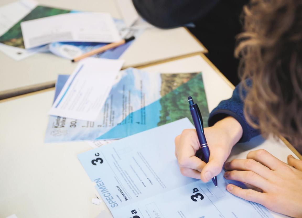 Ein Schüler füllt einen Abstimmungszettel aus. 