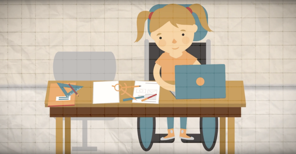 Illustration im Comicstil zeigt ein Mädchen im Rollstuhl, die mit Laptop und Zirkel am Pult sitzt und arbeitet.