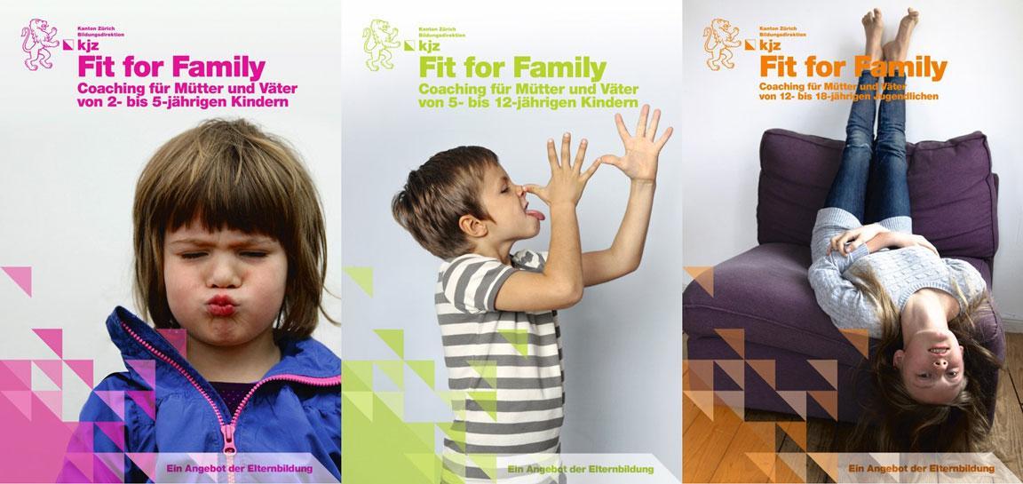 Bildmontage der drei Flyertitel Fit for Family
